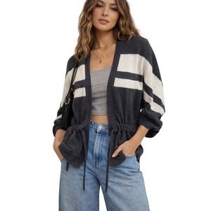 Open Front Knit Cardigan M | Waist Tie Neutral Stripe